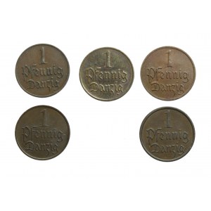 WM GDAŃSK, komplet monet 1 - fenigowych z lat 1923-1937, zestaw 5 szt