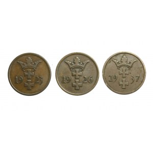 WM GDAŃSK, komplet monet 2 - fenigowych z lat 1923-1937, zestaw 3 szt