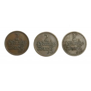 WM GDAŃSK, komplet monet 2 - fenigowych z lat 1923-1937, zestaw 3 szt