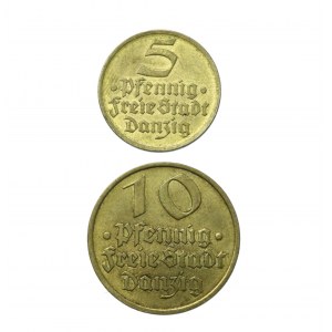 WM GDAŃSK, EMISSION 1932 - 5 und 10 Pfennig in Messing geprägt, Satz zu 2 Stück