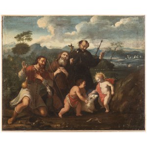 Roman Master, second half of the 17th century, John and Jesus as Boys with St. Rochus, St. Francis of Paula and St. Francis Xavier, Roman Master, second half of the 17th century, John and Jesus as Boys with St. Rochus, St. Francis of Paula and St. Francis