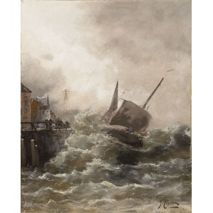 Georg Fischhof (1859 Vienna 1914), Fishing Boat in a Stormy Sea in front of the Harbour, Georg Fischhof (1859 Vienna 1914), Fishing Boat in a Stormy Sea in front of the Harbour