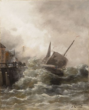 Georg Fischhof (1859 Vienna 1914), Fishing Boat in a Stormy Sea in front of the Harbour, Georg Fischhof (1859 Vienna 1914), Fishing Boat in a Stormy Sea in front of the Harbour