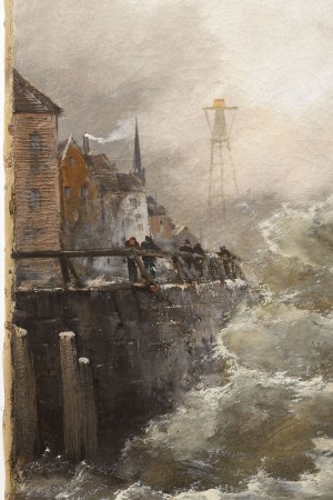 Georg Fischhof (1859 Vienna 1914), Fishing Boat in a Stormy Sea in front of the Harbour, Georg Fischhof (1859 Vienna 1914), Fishing Boat in a Stormy Sea in front of the Harbour