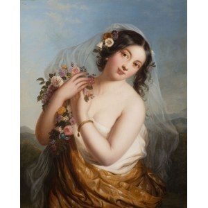 Austrian Painter of 19th Century, Portrait of Flora as a Woman or Spring Allegory, Austrian Painter of 19th Century, Portrait of Flora as a Woman or Spring Allegory