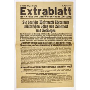 EXTRABLATT. 9 IV 1940. Die deutsche Armee übernimmt den Schutz der Truppen. Dänemark und Norwegen