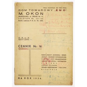 EMO-Kaufhaus, M. Okoń, Warschau. Preisliste Nr. 16 für das Jahr 1936: Funkgeräte, Zubehör und Ausrüstung. Apparat und F...