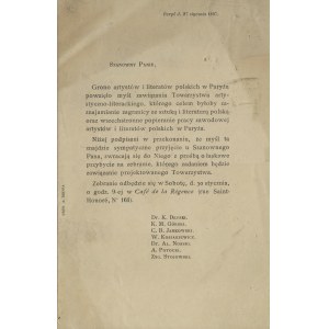 Einladung zur Gründung der Society of Arts and Letters in Paris, 1897