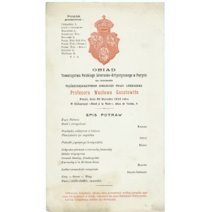 [GASZTOWT Waclaw] Einladung zum Abendessen der Polnischen Gesellschaft für Literatur und Kunst in Paris anlässlich des fünfzigjährigen Jubiläums des literarischen Werks von Professor Waclaw Gasztowtt. Paris 1912