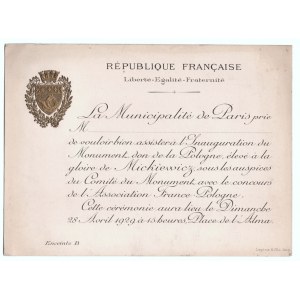[MICKIEWICZ Adam] Zaproszenie na odsłonięcie pomnika Adama Mickiewicza. Paryż 1929