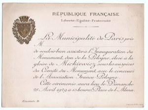 [MICKIEWICZ Adam] Zaproszenie na odsłonięcie pomnika Adama Mickiewicza. Paryż 1929