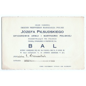 [PIŁSUDSKI Józef] Invitation to a ball on the occasion of the name day of the First Marshal of Poland Józef Piłsudski. March 18, 1931.