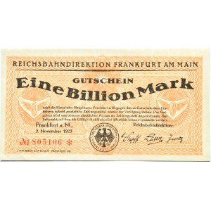Germany, Reichsbahndirektion, 1 trillion marks 1923, no series letter, UNC