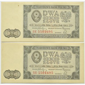Polen, RP, 2 Zloty 1948, BR-Serie, Warschau, zwei nebeneinanderliegende Nummern, UNC