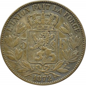 Belgia, Leopold II, 5 franków 1872, Bruksela