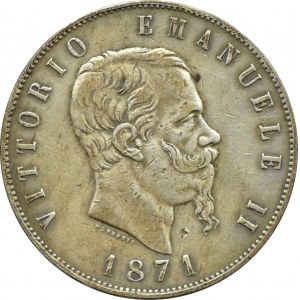 Włochy, Vittorio Emanuele II, 5 lirów 1871 M, Mediolan