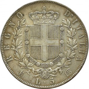 Włochy, Vittorio Emanuele II, 5 lirów 1871 M, Mediolan