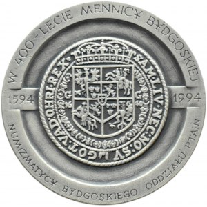 Poľsko, medaila k 400. výročiu mincovne Bydgoszcz 1594-1994 - Władysław IV, postriebrený bronz