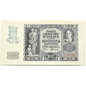 Poland, General Government, 20 zloty 1940, series G, Cracow, UNC
