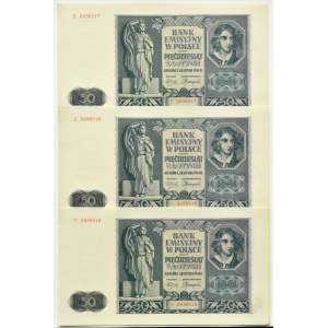 Polsko, Generální gubernie, lot 50 zlotých 1941, série E, Krakov, tři po sobě jdoucí čísla