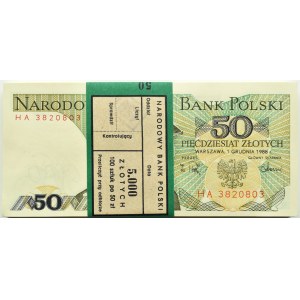 Polska, PRL, paczka bankowa 50 złotych 1988, Warszawa, seria HA, UNC