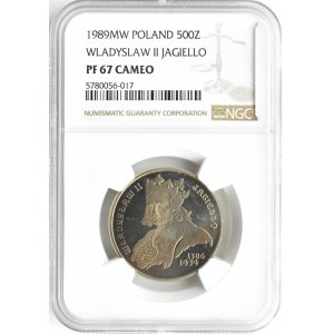 Poľsko, Poľská ľudová republika, Wł. Jagiełło, 500 zlotých 1989, Varšava, NGC PF MS67 CAMEO