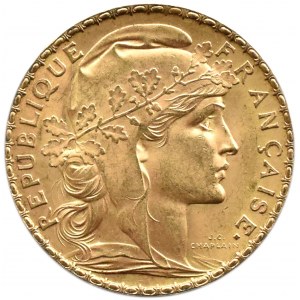 Francie, Republika, Kohout, 20 franků 1907, Paříž, UNC