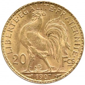 Francie, Republika, Kohout, 20 franků 1907, Paříž, UNC