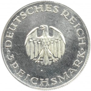 Německo, Výmarská republika, 3 marky 1929 F, Lessing, Stuttgart, proof!