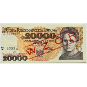 Polsko, PRL, M. Skłodowska, 20000 zlotých 1989, série A - WZÓR č. 355, Varšava, UNC