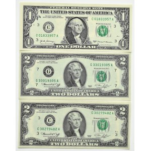 USA, lot 1 and 2 dollars 1976, 2017, series C,G,C, UNC