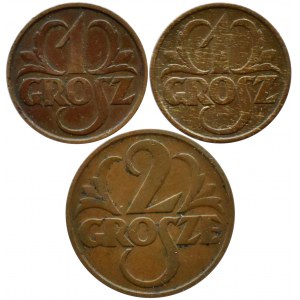 Poland, Second Republic, lot 1 and 2 pennies 1931-1932, Warsaw