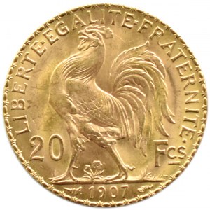 Francie, republika, kohout, 20 franků 1907, Paříž