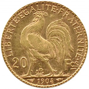Francie, republika, kohout, 20 franků 1904, Paříž