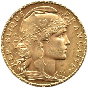 Francie, Republika, Kohout, 20 franků 1908, Paříž, UNC