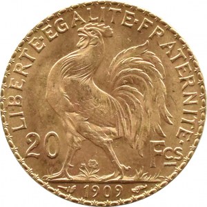 Francja, Republika, Kogut, 20 franków 1909, Paryż, UNC