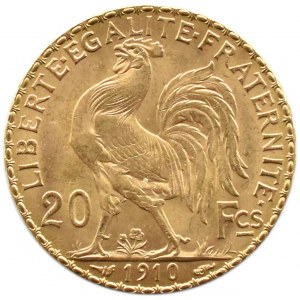 Francie, Republika, Kohout, 20 franků 1910, Paříž, UNC