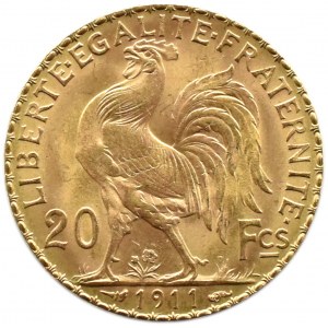 Francie, Republika, Kohout, 20 franků 1911, Paříž, UNC
