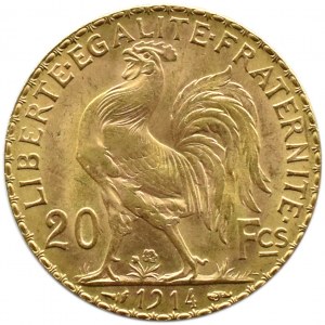 Francie, Republika, Kohout, 20 franků 1914, Paříž, UNC