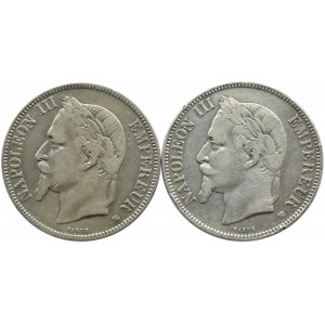 France, Napoleon III, lot 5 francs 1868-1869 BB, Strasbourg