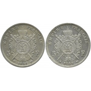 France, Napoleon III, lot 5 francs 1868-1869 BB, Strasbourg