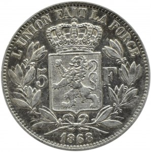 Belgie, Leopold II, 5 franků 1868, Brusel