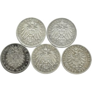 Germany, Prussia, Wilhelm I/II, lot 5 marks 1875-1907 A/B, Berlin/Hannover