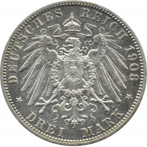 Německo, Prusko, Wilhelm II, 3 marky 1908 A, Berlín
