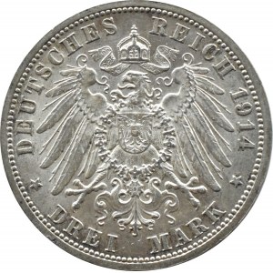 Niemcy, Prusy, Wilhelm II w mundurze, 3 marki 1914 A, Berlin