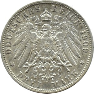 Německo, Württemberg, Wilhelm II, 3 marky 1909 F, Stuttgart