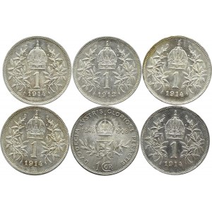 Austria/Hungary, Franz Joseph I, lot of 6 crown pieces 1908-1914, Vienna