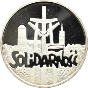 Polska, III RP, 100000 złotych 1990, 10 lat Solidarności, Warszawa, odmian tzw. gruba