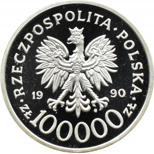 Polska, III RP, 100000 złotych 1990, 10 lat Solidarności, Warszawa, odmian tzw. gruba