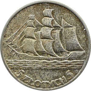 Polen, Zweite Republik, Segelboot, 5 Zloty 1936, Warschau, schön!